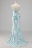 Robe De Soirée bleue perlée sirène sans bretelles