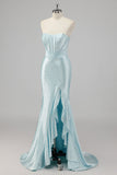 Robe De Soirée bleue perlée sirène sans bretelles