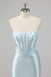 Robe De Soirée bleue perlée sirène sans bretelles