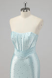 Robe De Soirée bleue perlée sirène sans bretelles