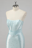 Robe De Soirée bleue perlée sirène sans bretelles