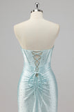 Robe De Soirée bleue perlée sirène sans bretelles