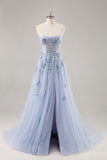 Bleu Sans Bretelles A Ligne Paillettes Tulle Corset Robe Longue De Soirée Avec Fente