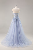 Bleu Sans Bretelles A Ligne Paillettes Tulle Corset Robe Longue De Soirée Avec Fente