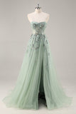 Bleu Sans Bretelles A Ligne Paillettes Tulle Corset Robe Longue De Soirée Avec Fente