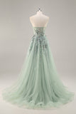 Bleu Sans Bretelles A Ligne Paillettes Tulle Corset Robe Longue De Soirée Avec Fente