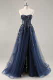 Bleu Sans Bretelles A Ligne Paillettes Tulle Corset Robe Longue De Soirée Avec Fente