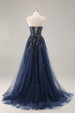 Bleu Sans Bretelles A Ligne Paillettes Tulle Corset Robe Longue De Soirée Avec Fente