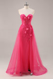 Corset fente fuchsia Robe de Soirée longue sans bretelles avec appliques