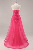 Corset fente fuchsia Robe de Soirée longue sans bretelles avec appliques