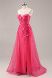 Corset fente fuchsia Robe de Soirée longue sans bretelles avec appliques