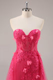 Corset fente fuchsia Robe de Soirée longue sans bretelles avec appliques
