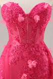 Corset fente fuchsia Robe de Soirée longue sans bretelles avec appliques