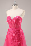 Corset fente fuchsia Robe de Soirée longue sans bretelles avec appliques