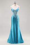 Robe de Soirée bleue corset en satin sirène avec perles
