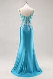 Robe de Soirée bleue corset en satin sirène avec perles