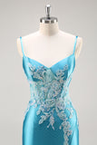 Robe de Soirée bleue corset en satin sirène avec perles