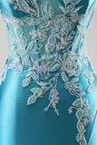 Robe de Soirée bleue corset en satin sirène avec perles