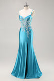Robe de Soirée bleue corset en satin sirène avec perles
