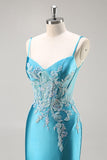 Robe de Soirée bleue corset en satin sirène avec perles
