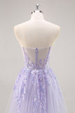 Robe de Soirée corset sans bretelles lilas avec superposition amovible