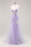 Robe de Soirée corset sans bretelles lilas avec superposition amovible
