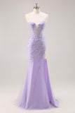 Robe de Soirée corset sans bretelles lilas avec superposition amovible