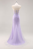 Robe de Soirée corset sans bretelles lilas avec superposition amovible