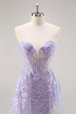 Robe de Soirée corset sans bretelles lilas avec superposition amovible