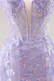 Robe de Soirée corset sans bretelles lilas avec superposition amovible