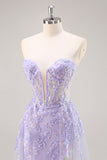 Robe de Soirée corset sans bretelles lilas avec superposition amovible