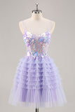 Violet scintillant Une ligne Corset Tulle Tulle Robe De Cocktail à plusieurs niveaux avec paillettes
