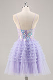 Violet scintillant Une ligne Corset Tulle Tulle Robe De Cocktail à plusieurs niveaux avec paillettes