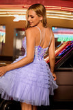 Violet scintillant Une ligne Corset Tulle Tulle Robe De Cocktail à plusieurs niveaux avec paillettes