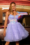 Violet scintillant Une ligne Corset Tulle Tulle Robe De Cocktail à plusieurs niveaux avec paillettes