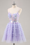 Tulle violet à plusieurs niveaux Une ligne de balle robe de balle avec appliques