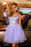 Violet scintillant Une ligne Corset Tulle Tulle Robe De Cocktail à plusieurs niveaux avec paillettes
