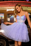 Violet scintillant Une ligne Corset Tulle Tulle Robe De Cocktail à plusieurs niveaux avec paillettes