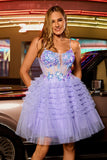 Violet scintillant Une ligne Corset Tulle Tulle Robe De Cocktail à plusieurs niveaux avec paillettes