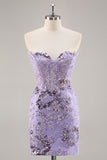 Robe De Cocktail corset perlé sans bretelles violette avec appliques