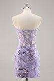 Robe De Cocktail corset perlé sans bretelles violette avec appliques
