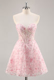 Robe de cocktail bustier trapèze rose à fleurs corset avec appliques