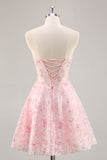 Robe de cocktail bustier trapèze rose à fleurs corset avec appliques
