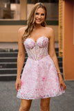 Robe de cocktail bustier trapèze rose à fleurs corset avec appliques