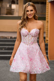 Robe de cocktail bustier trapèze rose à fleurs corset avec appliques