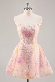 Corset floral Robe bustier à sequins rose pour les retrouvailles