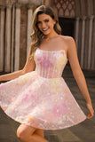 Robe de cocktail rose à paillettes scintillante corset sans bretelles avec appliques