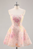 Robe de cocktail rose à paillettes scintillante corset sans bretelles avec appliques