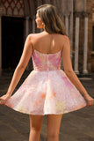 Robe de cocktail rose à paillettes scintillante corset sans bretelles avec appliques