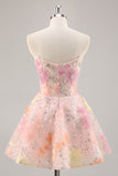 Robe de cocktail rose à paillettes scintillante corset sans bretelles avec appliques
